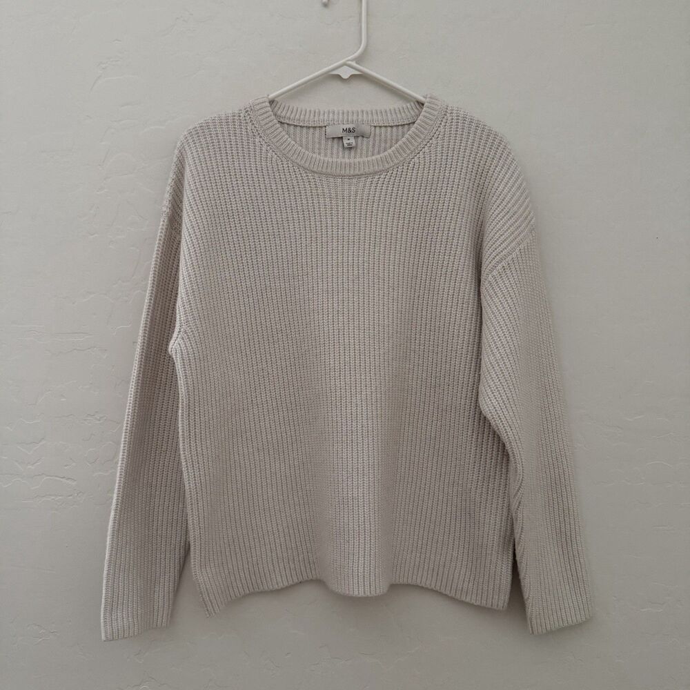 M&S Women’s Medium Cream Ribbed Knit Sweater Drop Shoulder Boxy Pullover